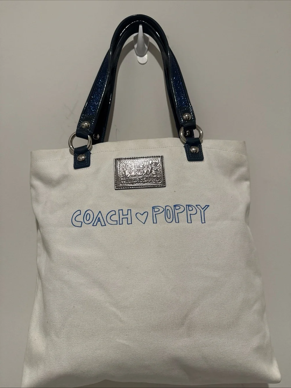 Coach Cream Canvas Tote with Blueberry Print & Navy Handles
